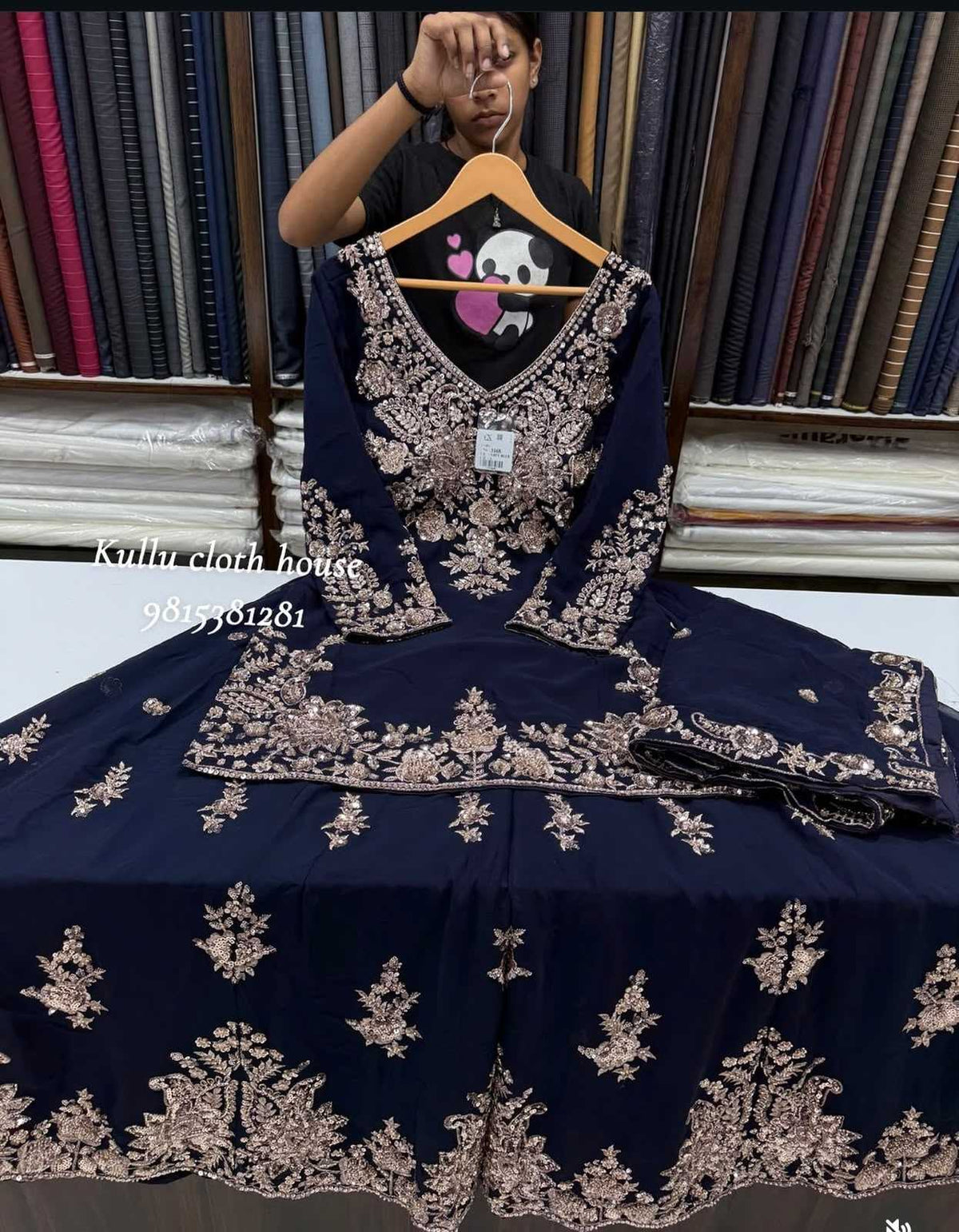 Faux Georgette Sharara Salwar Suit in Navy Blue