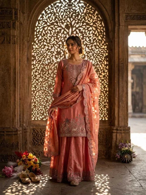 Pure Silk Sharara Salwar Suit in Pink