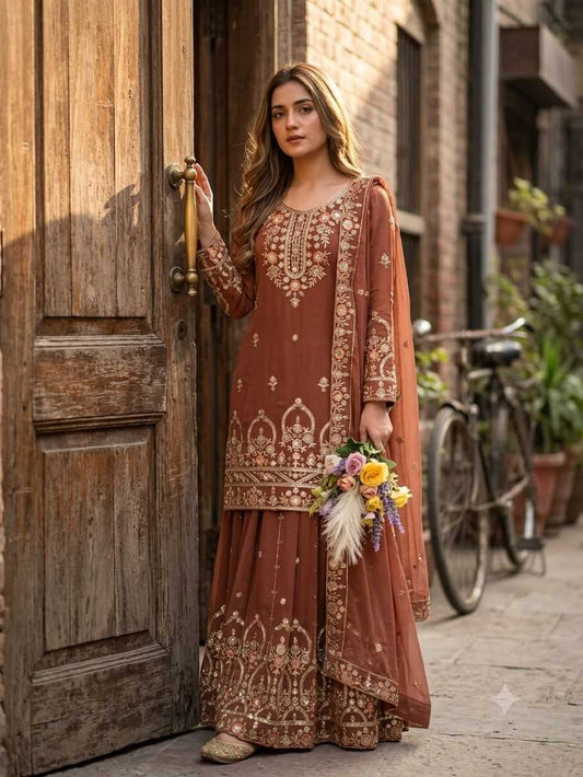 Faux Georgette Sharara Salwar Suit in Brown