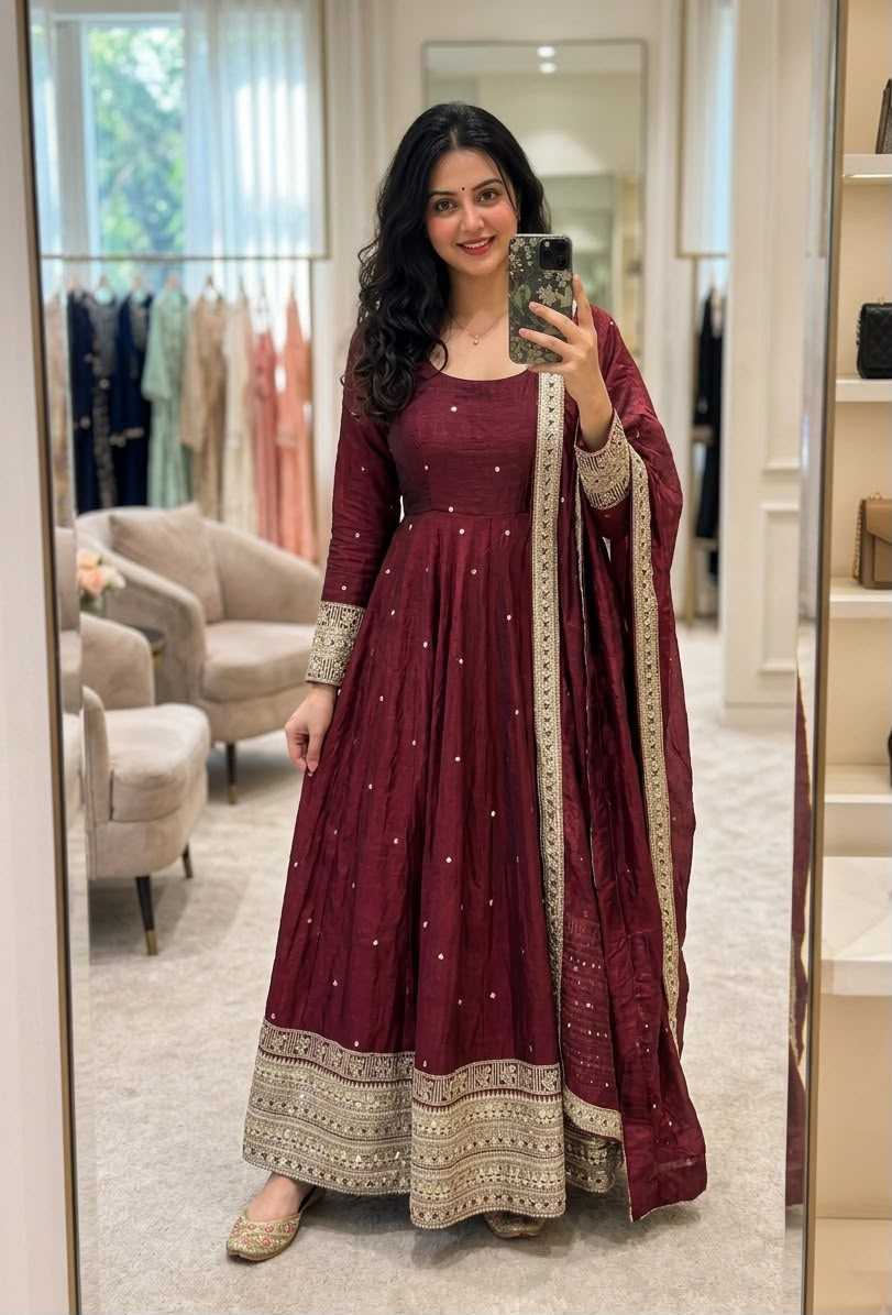 Satin Silk Embroidered Gown