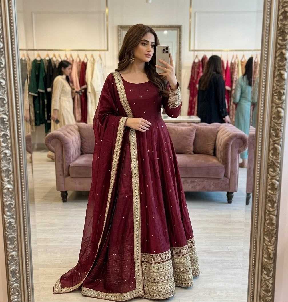 Satin Silk Embroidered Gown