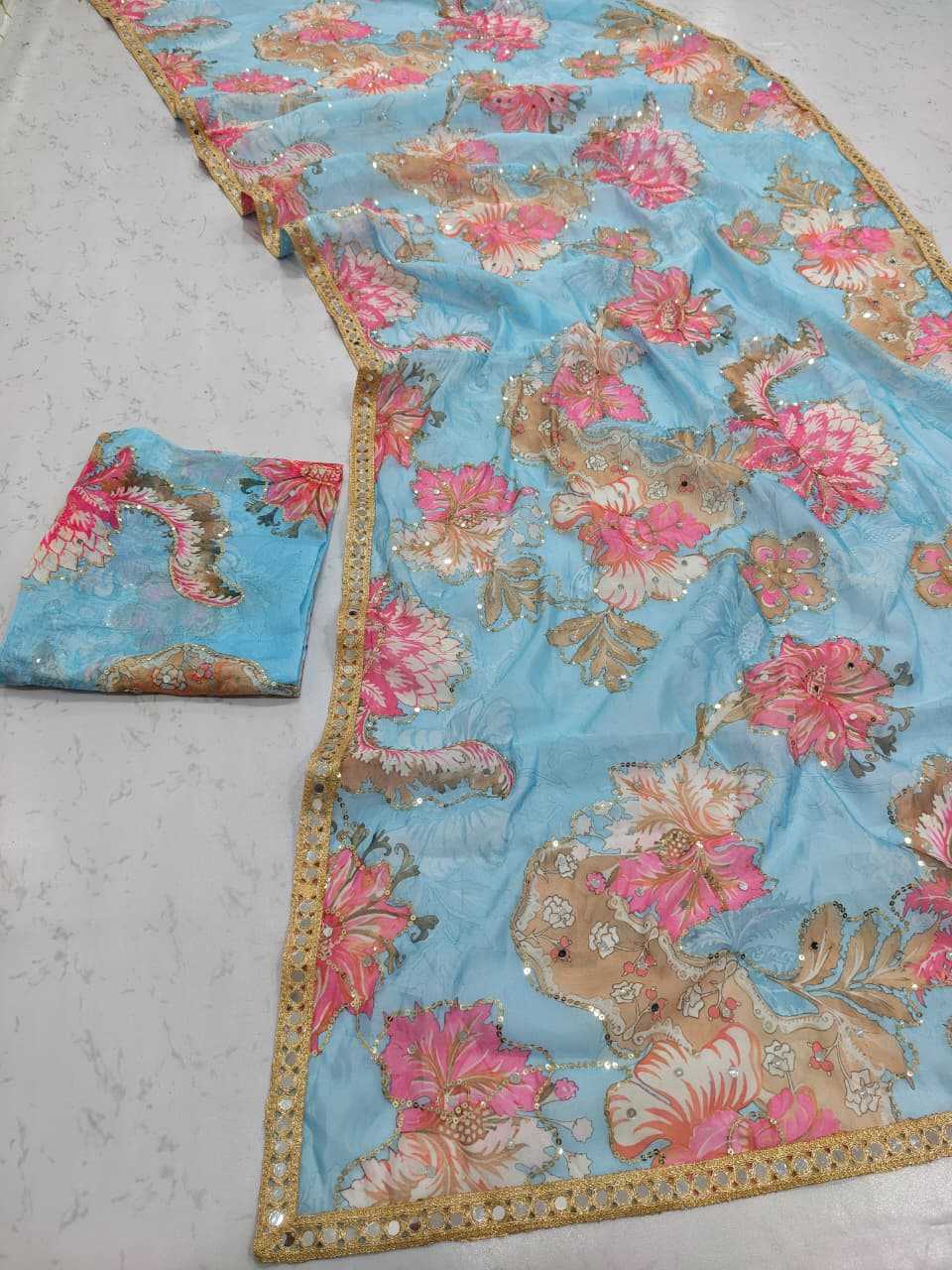Tabby Silk Printed Saree in Sky Blue
