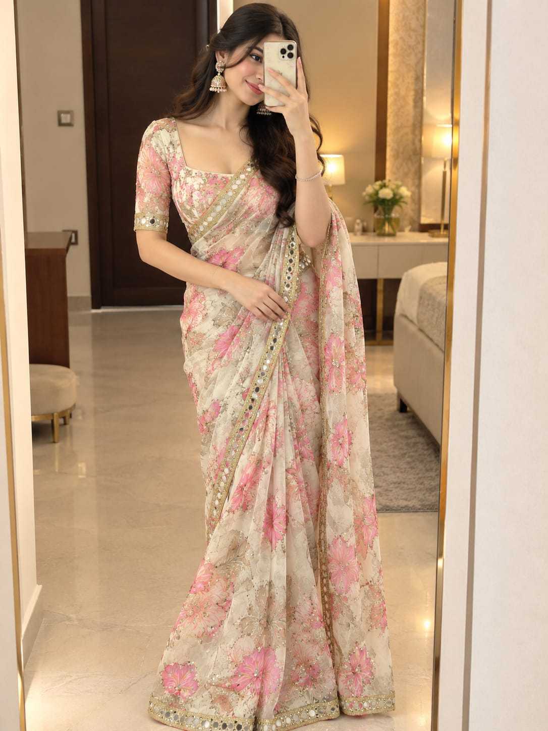 Tabby Silk Printed Saree in Sky Blue