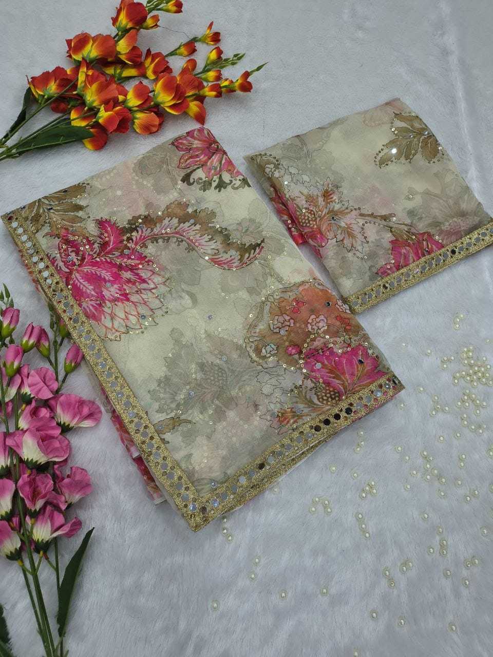 Tabby Silk Printed Saree in Sky Blue