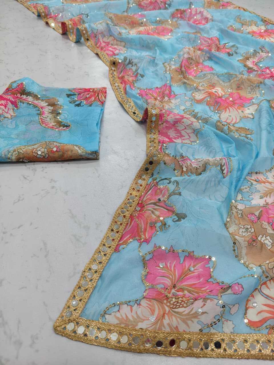 Tabby Silk Printed Saree in Sky Blue