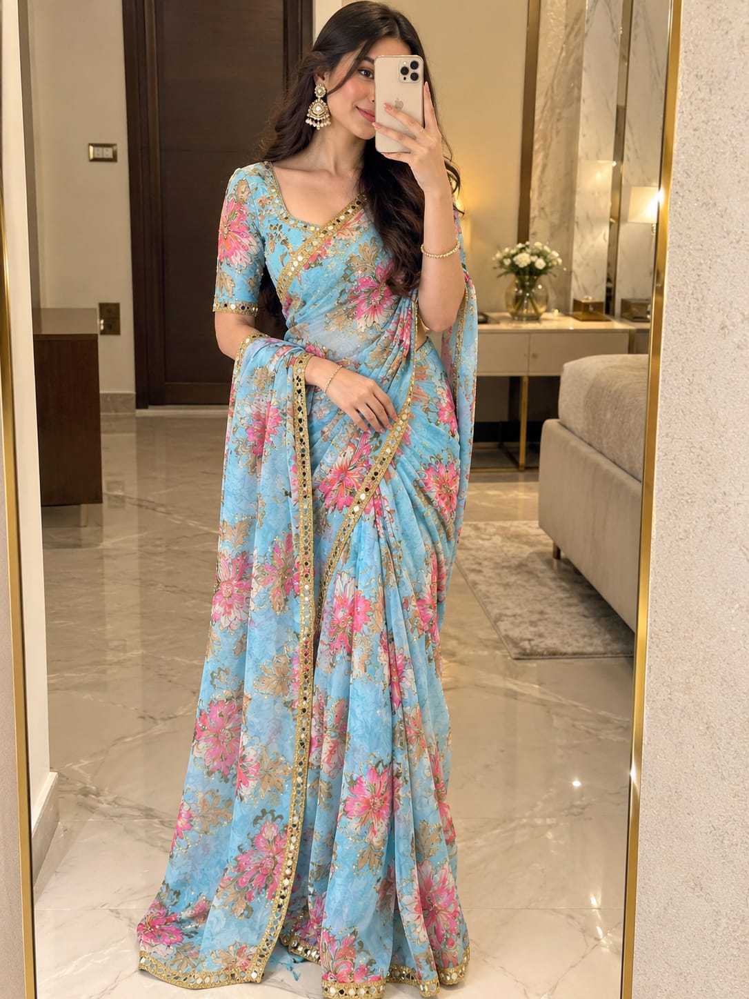 Tabby Silk Printed Saree in Sky Blue