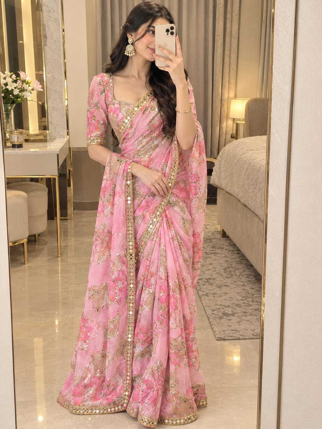 Tabby Silk Printed Saree in Sky Blue