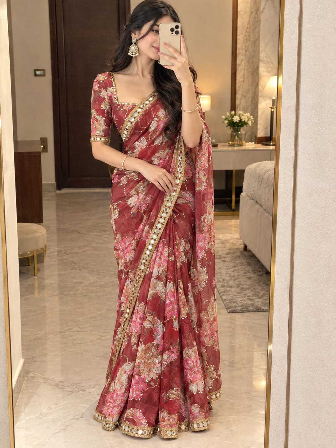 Tabby Silk Printed Saree in Sky Blue