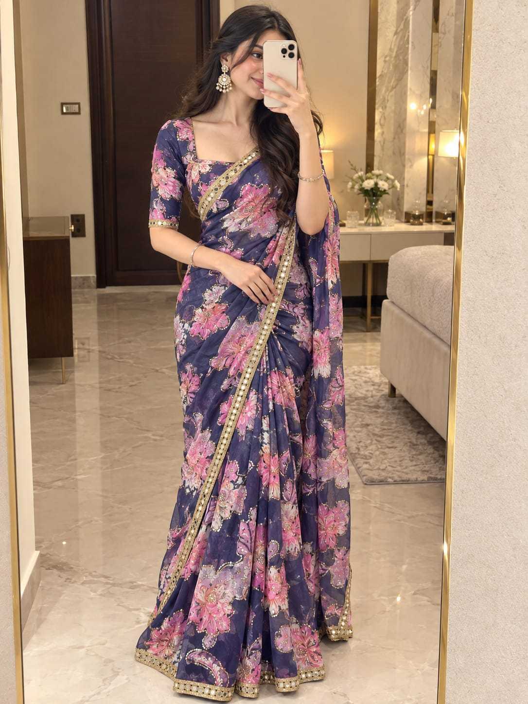 Tabby Silk Printed Saree in Sky Blue