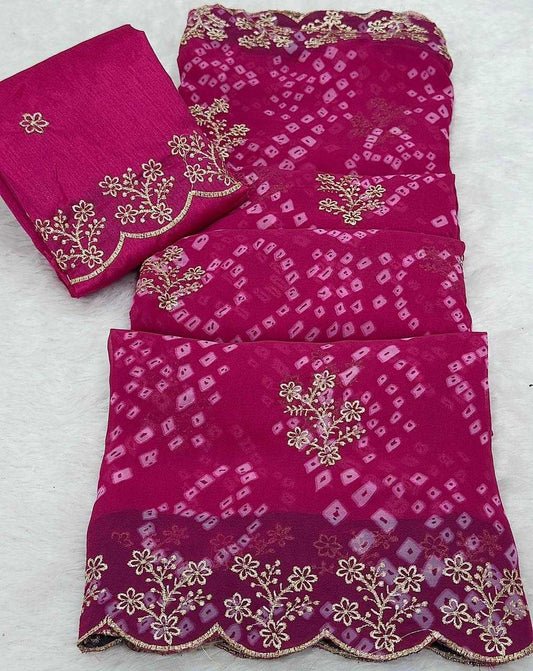 Georgette Printed Saree in Hot Pink
