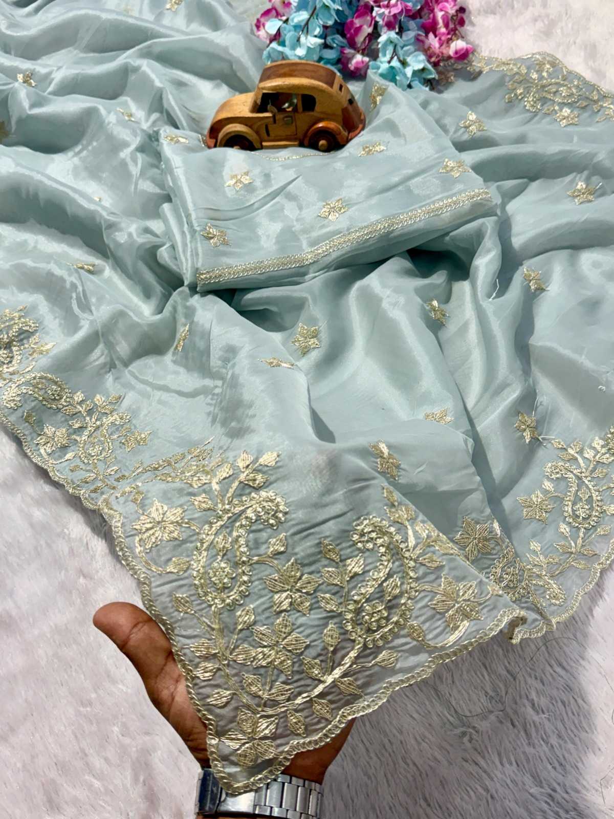 Heavy Roman Silk Embroidered Saree