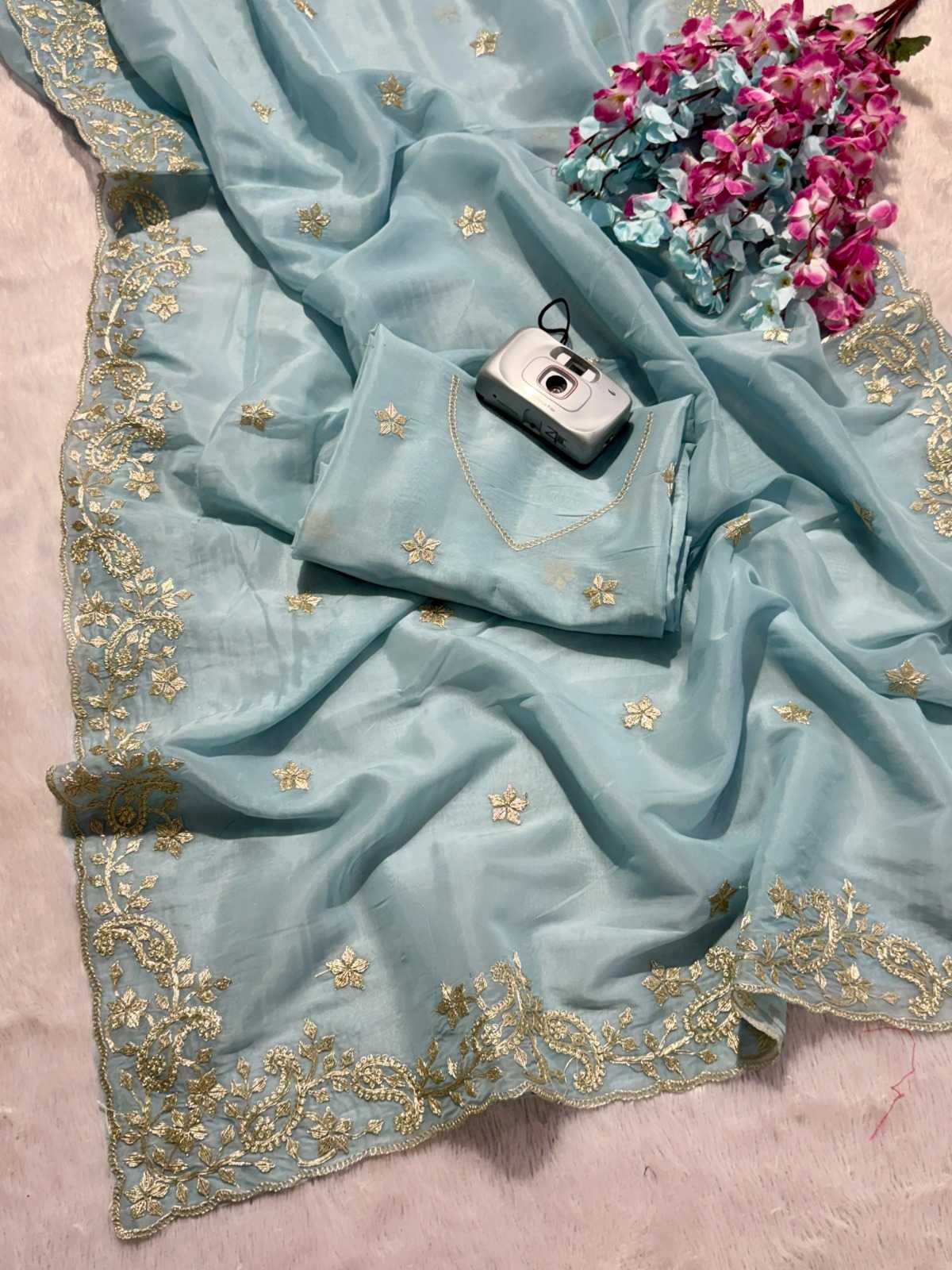 Heavy Roman Silk Embroidered Saree