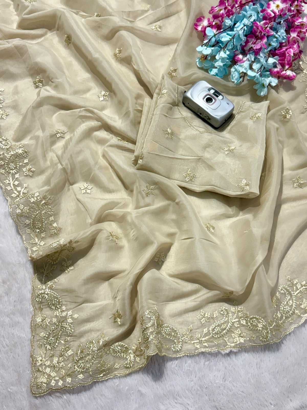 Heavy Roman Silk Embroidered Saree