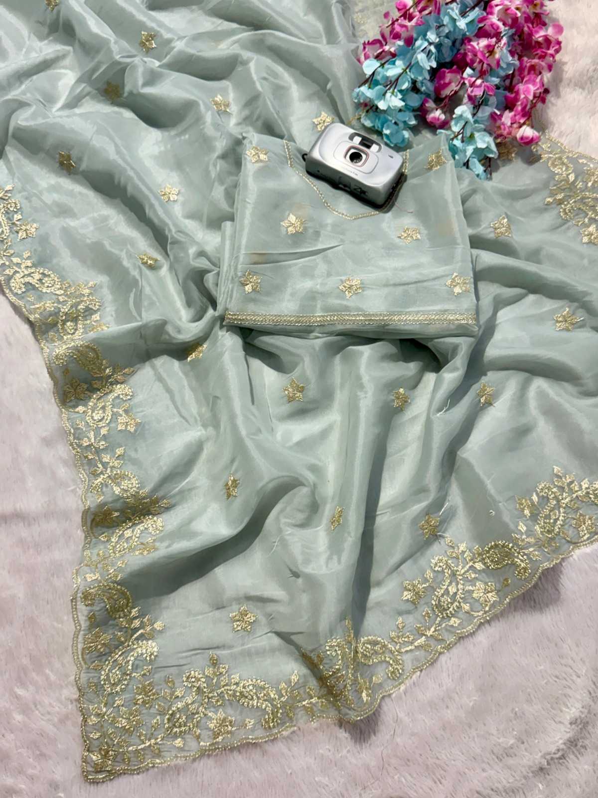 Heavy Roman Silk Embroidered Saree