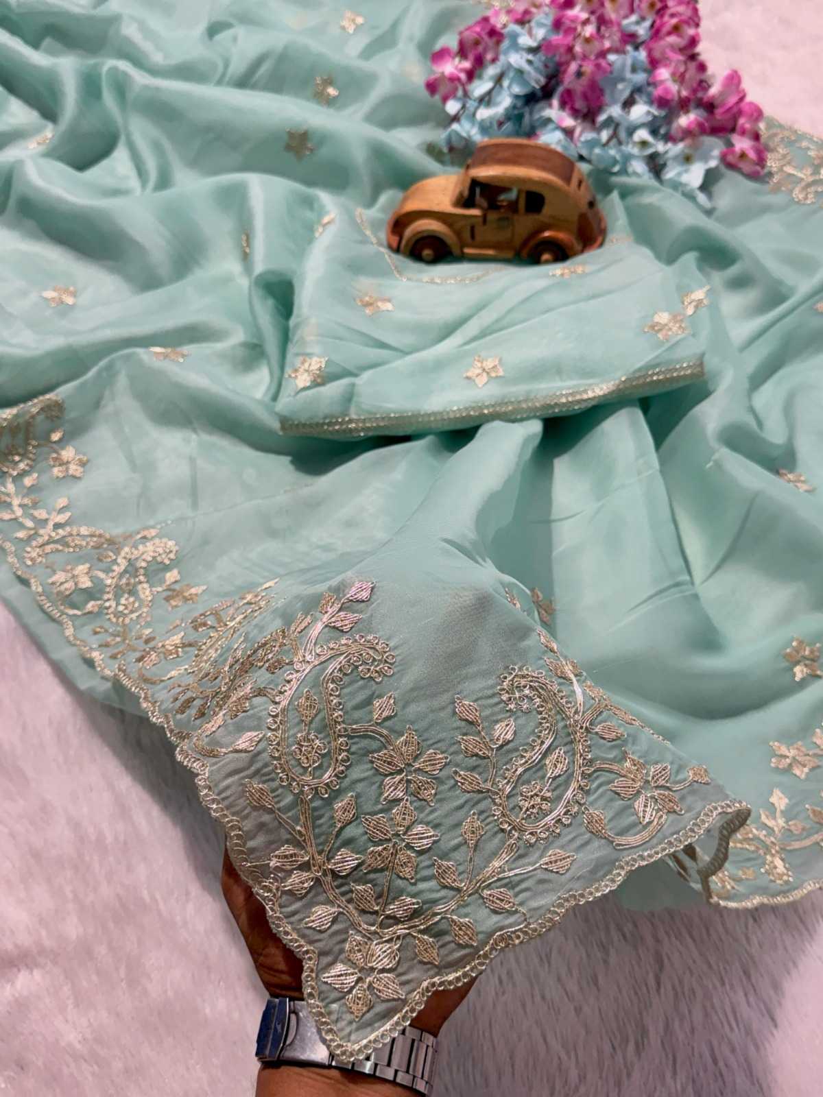 Heavy Roman Silk Embroidered Saree
