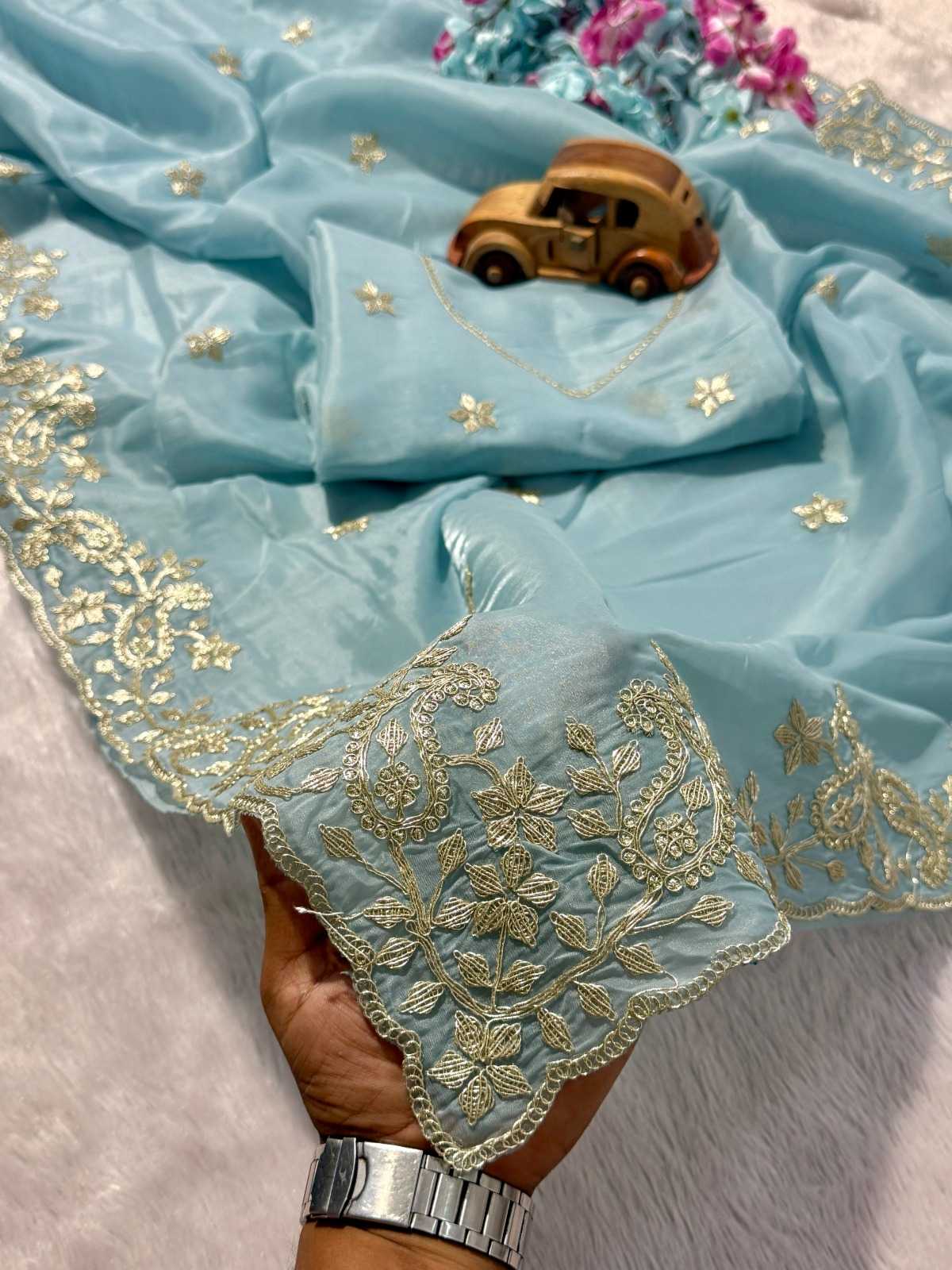 Heavy Roman Silk Embroidered Saree