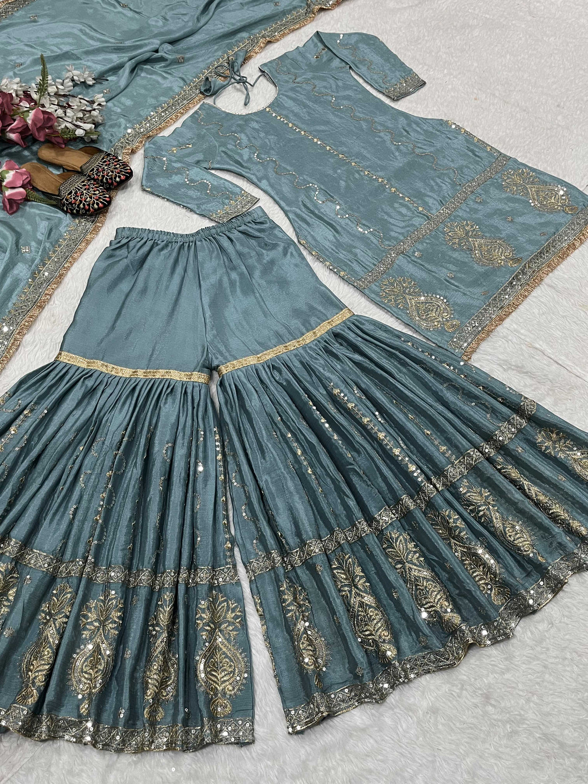 Chinon Silk Sharara Salwar Suit in Sky Blue