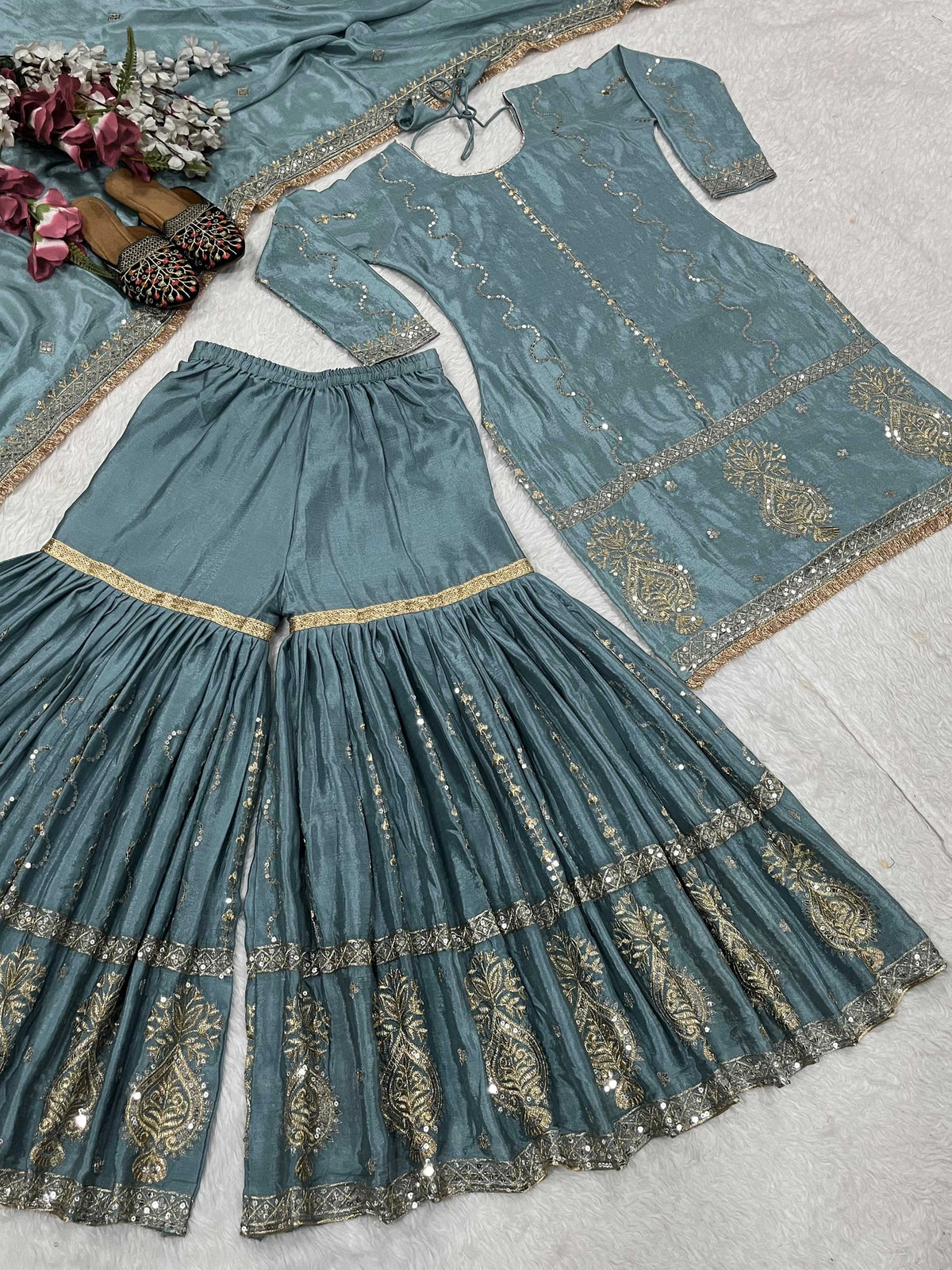 Chinon Silk Sharara Salwar Suit in Sky Blue