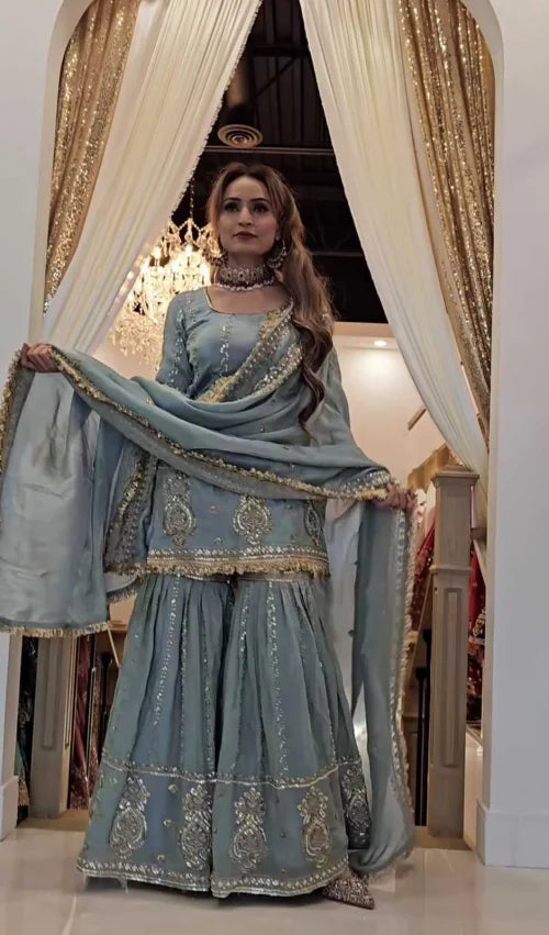 Chinon Silk Sharara Salwar Suit in Sky Blue