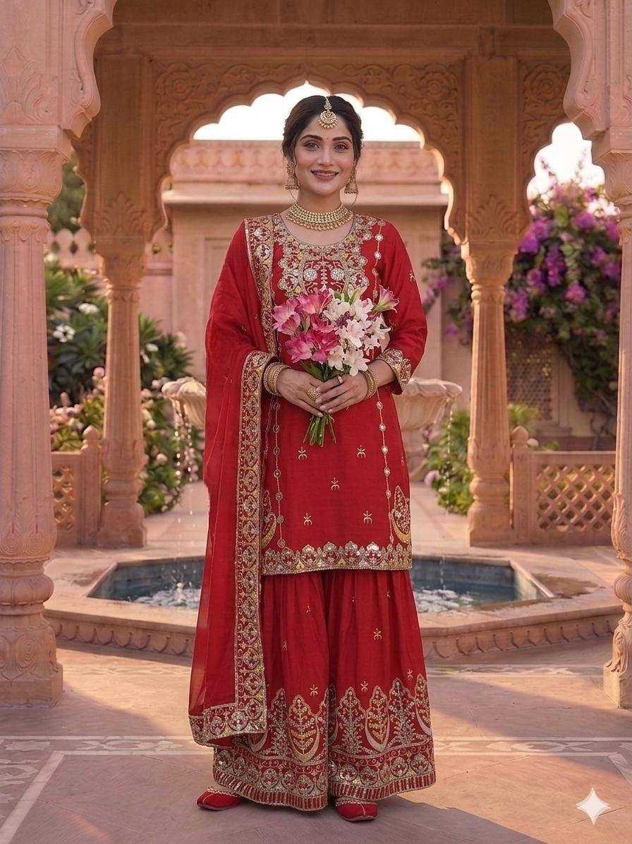 Chinon Silk Sharara Salwar Suit