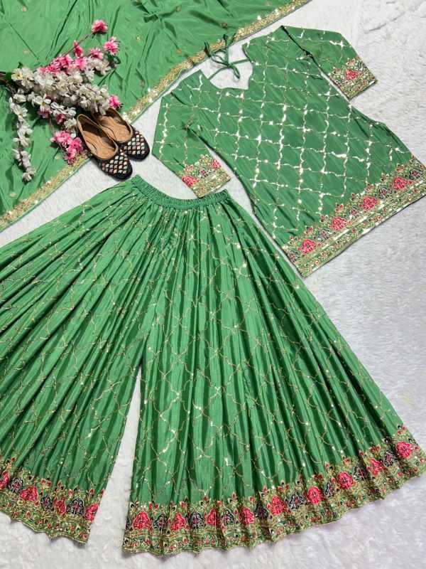 Chinon Silk Sharara Salwar Suit in Green