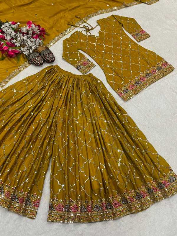 Chinon Silk Sharara Salwar Suit in Green