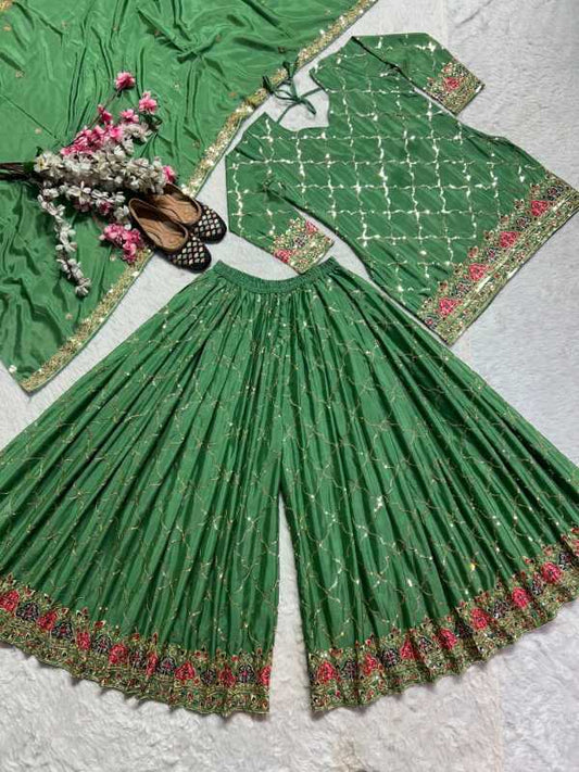 Chinon Silk Sharara Salwar Suit in Green