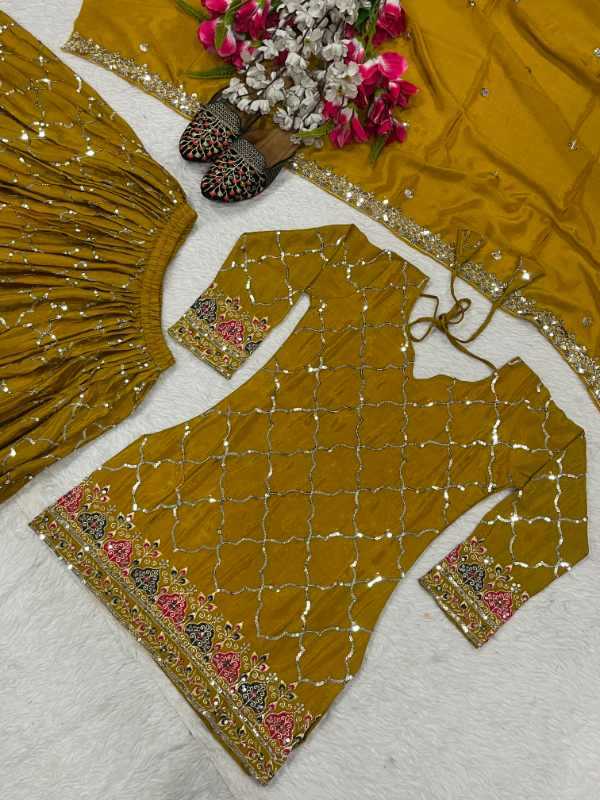 Chinon Silk Sharara Salwar Suit in Green