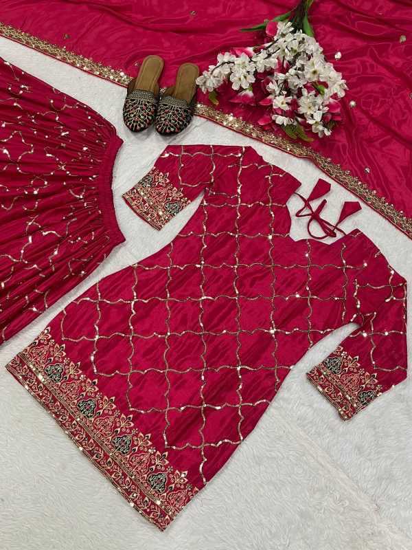 Chinon Silk Sharara Salwar Suit in Green