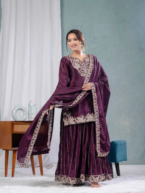 Chinon Silk Sharara Salwar Suit in Wine