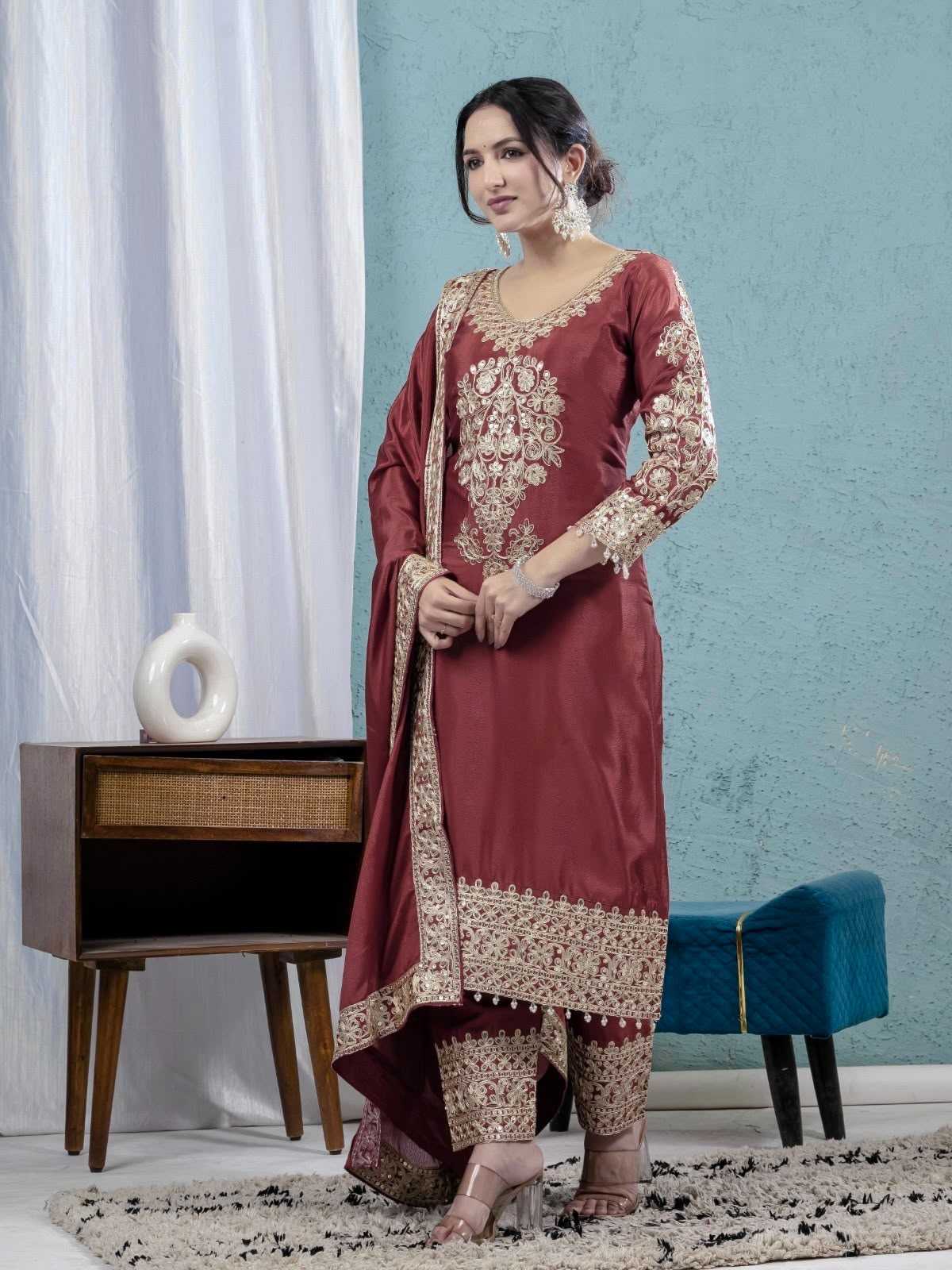 Chinon Silk Embroidery Suit