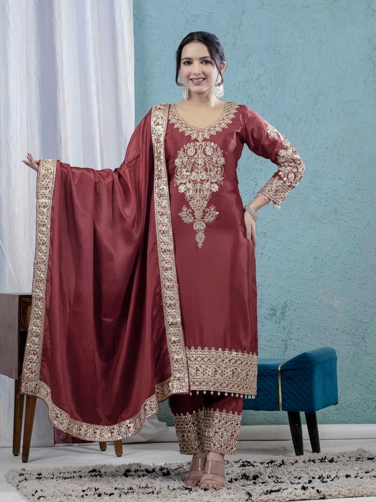 Chinon Silk Embroidery Suit