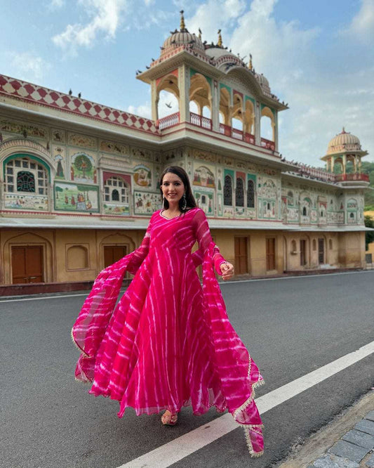 Faux Georgette Printed Gown in Rani