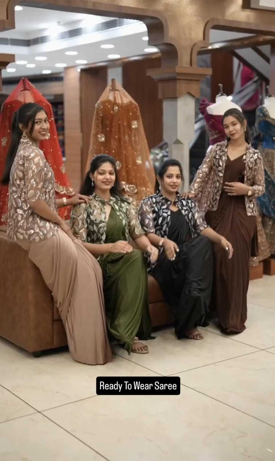 Chinon Silk Ready To Wear Saree in Chikoo