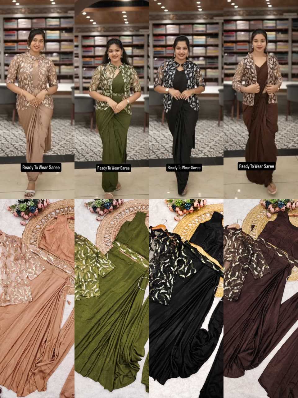 Chinon Silk Ready To Wear Saree in Chikoo