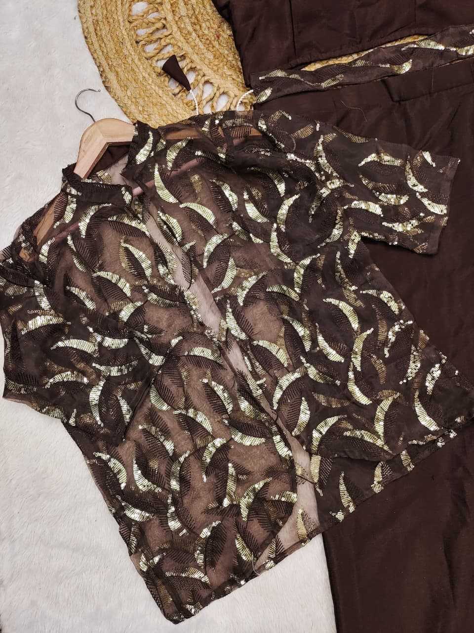 Chinon Silk Ready To Wear Saree in Chikoo