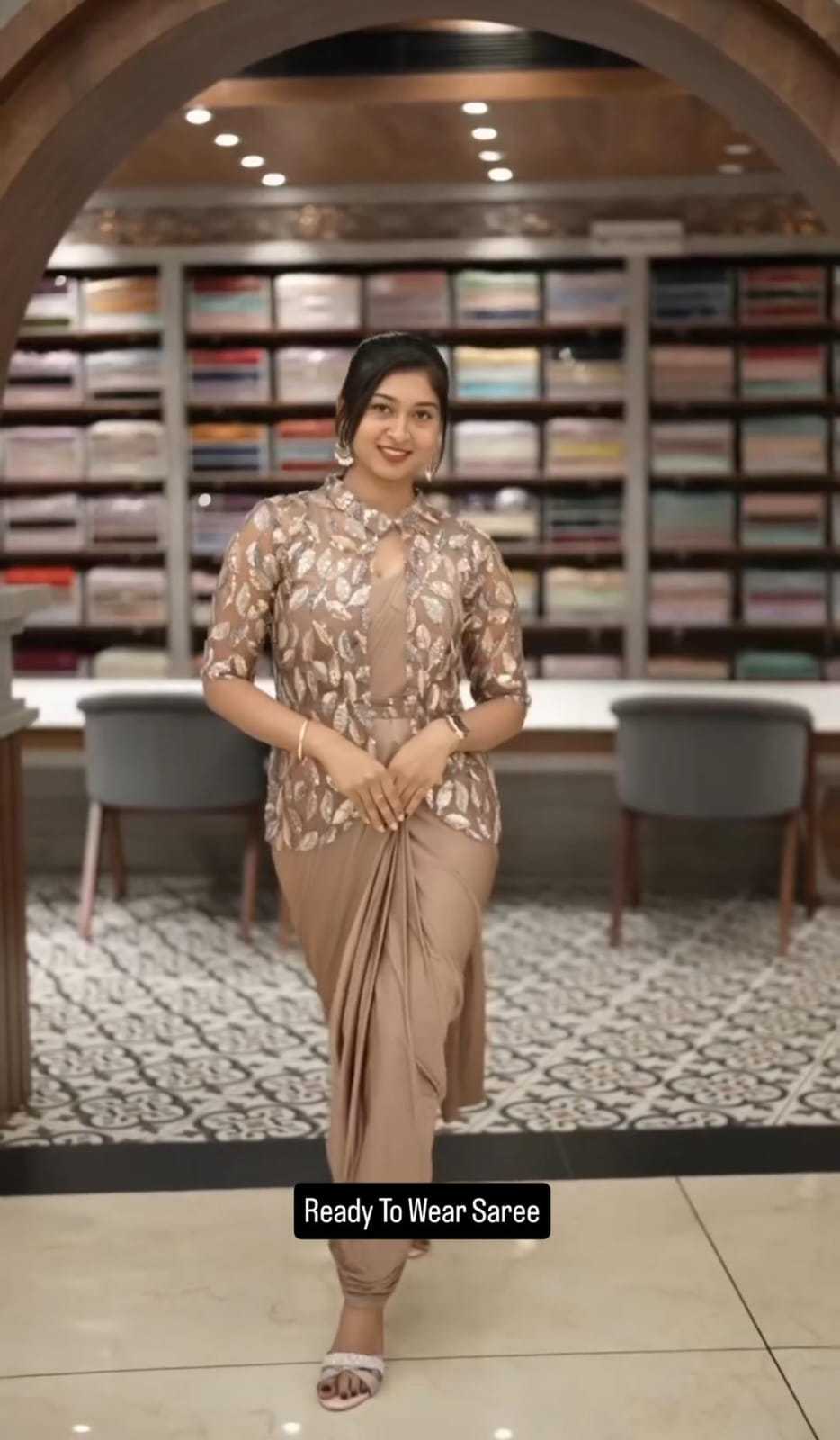 Chinon Silk Ready To Wear Saree in Chikoo