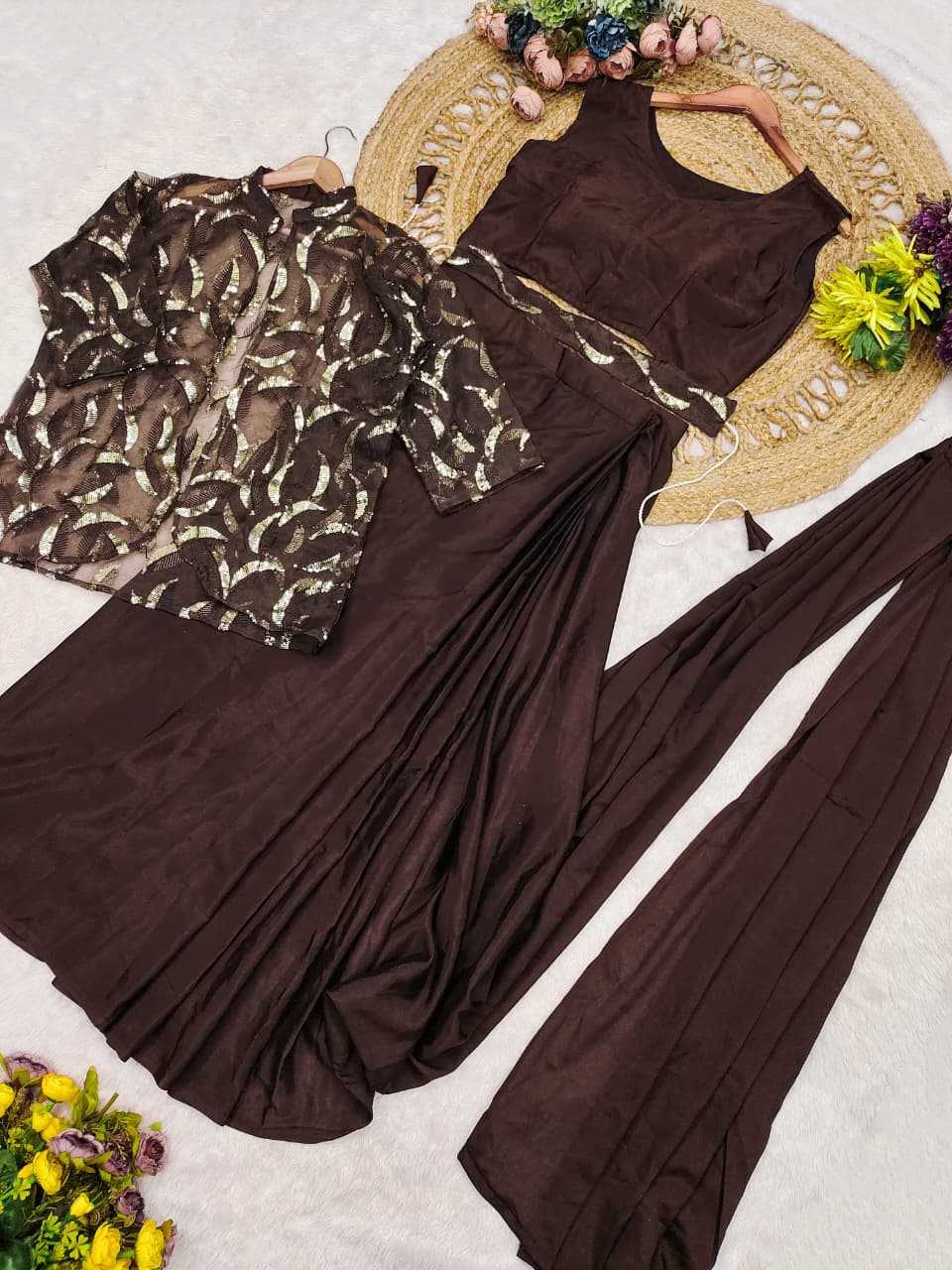 Chinon Silk Ready To Wear Saree in Chikoo