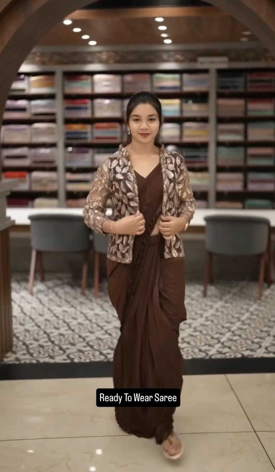 Chinon Silk Ready To Wear Saree in Chikoo