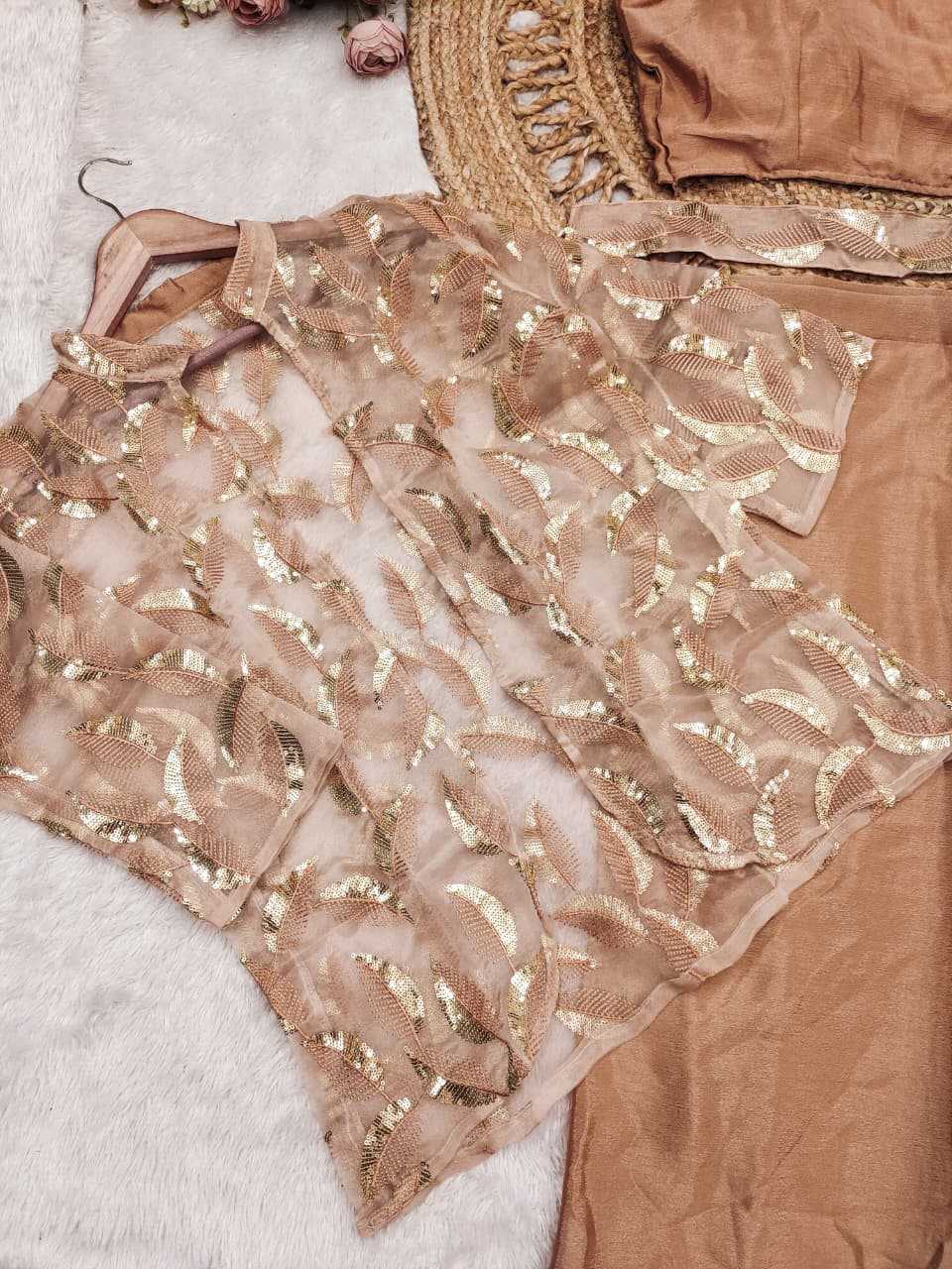 Chinon Silk Ready To Wear Saree in Chikoo