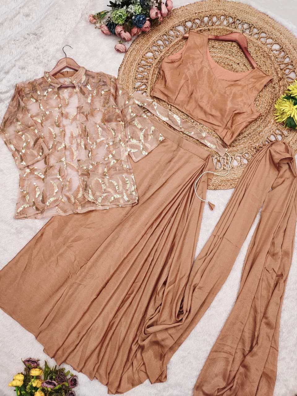 Chinon Silk Ready To Wear Saree in Chikoo