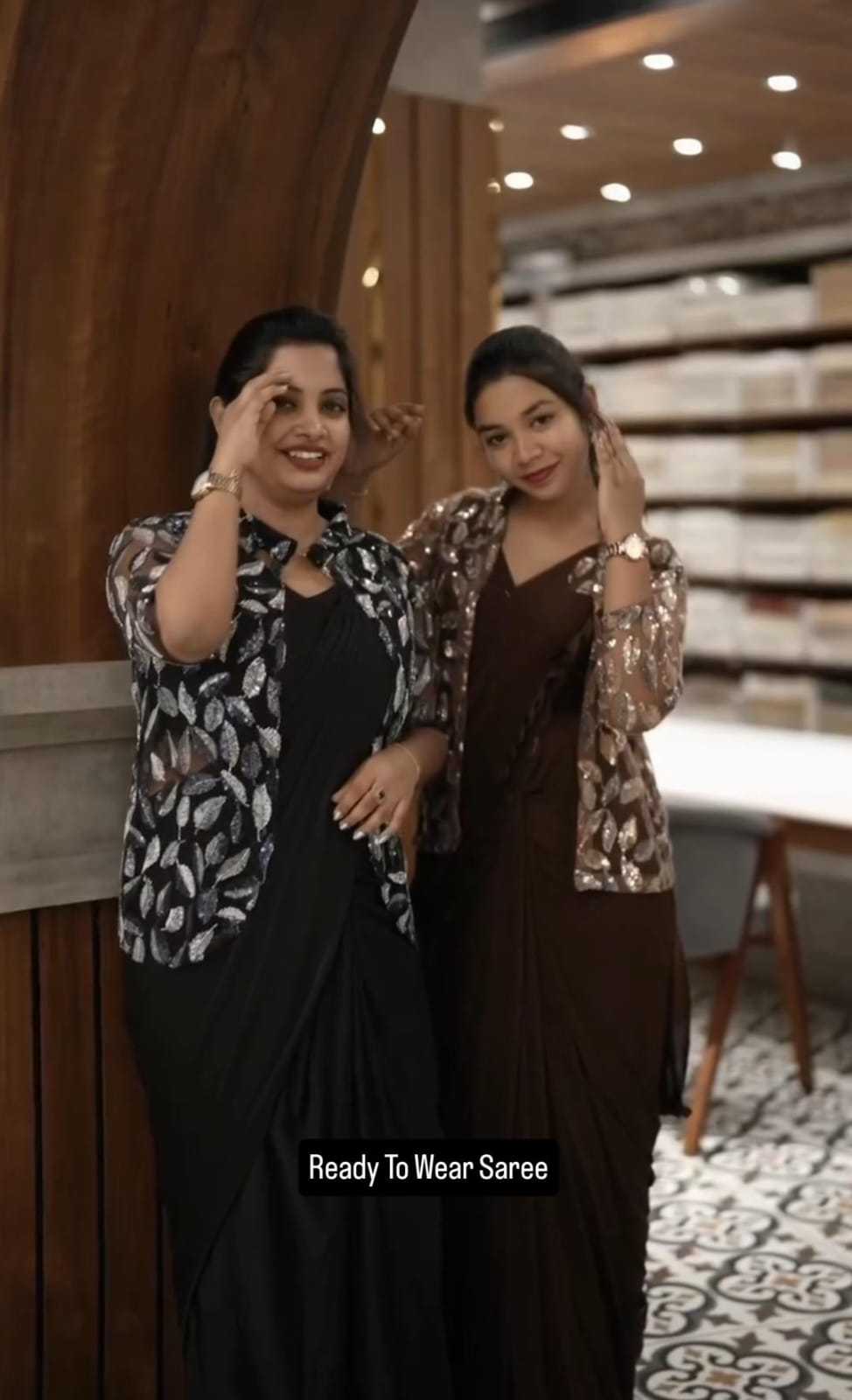 Chinon Silk Ready To Wear Saree in Chikoo