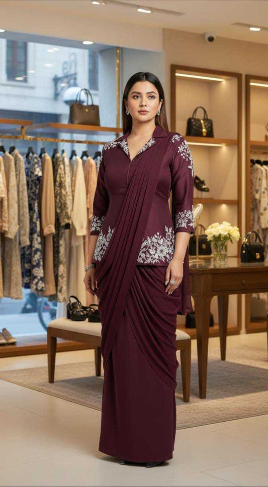 Chinon Silk Designer Saree in Dark Wine