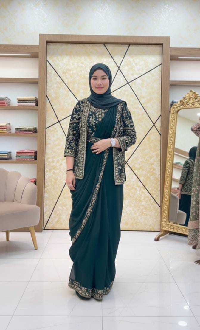 Faux Georgette Ready To Wear Saree in Rama