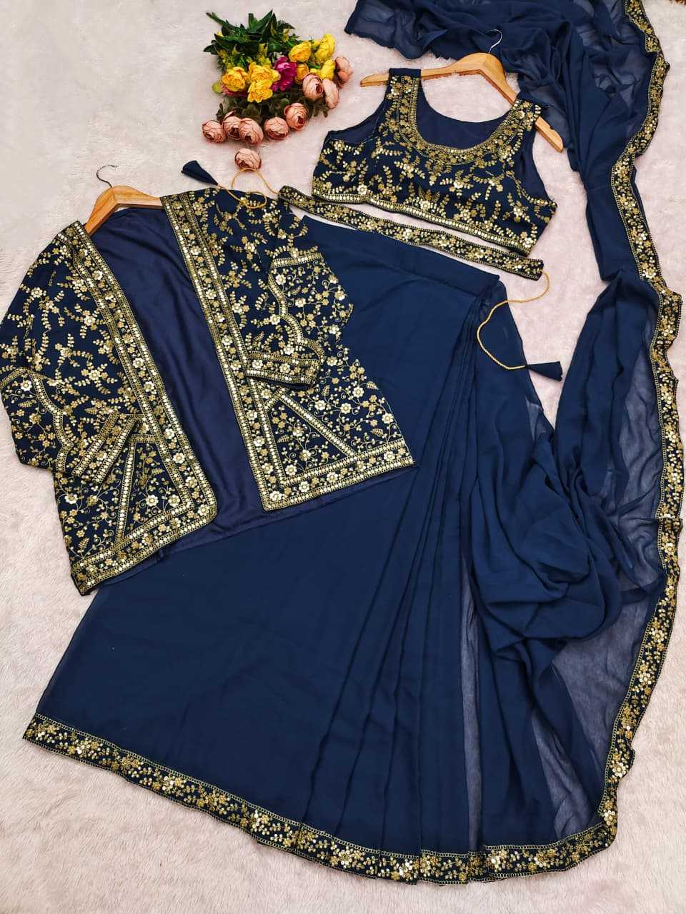 Faux Georgette Ready To Wear Saree in Rama