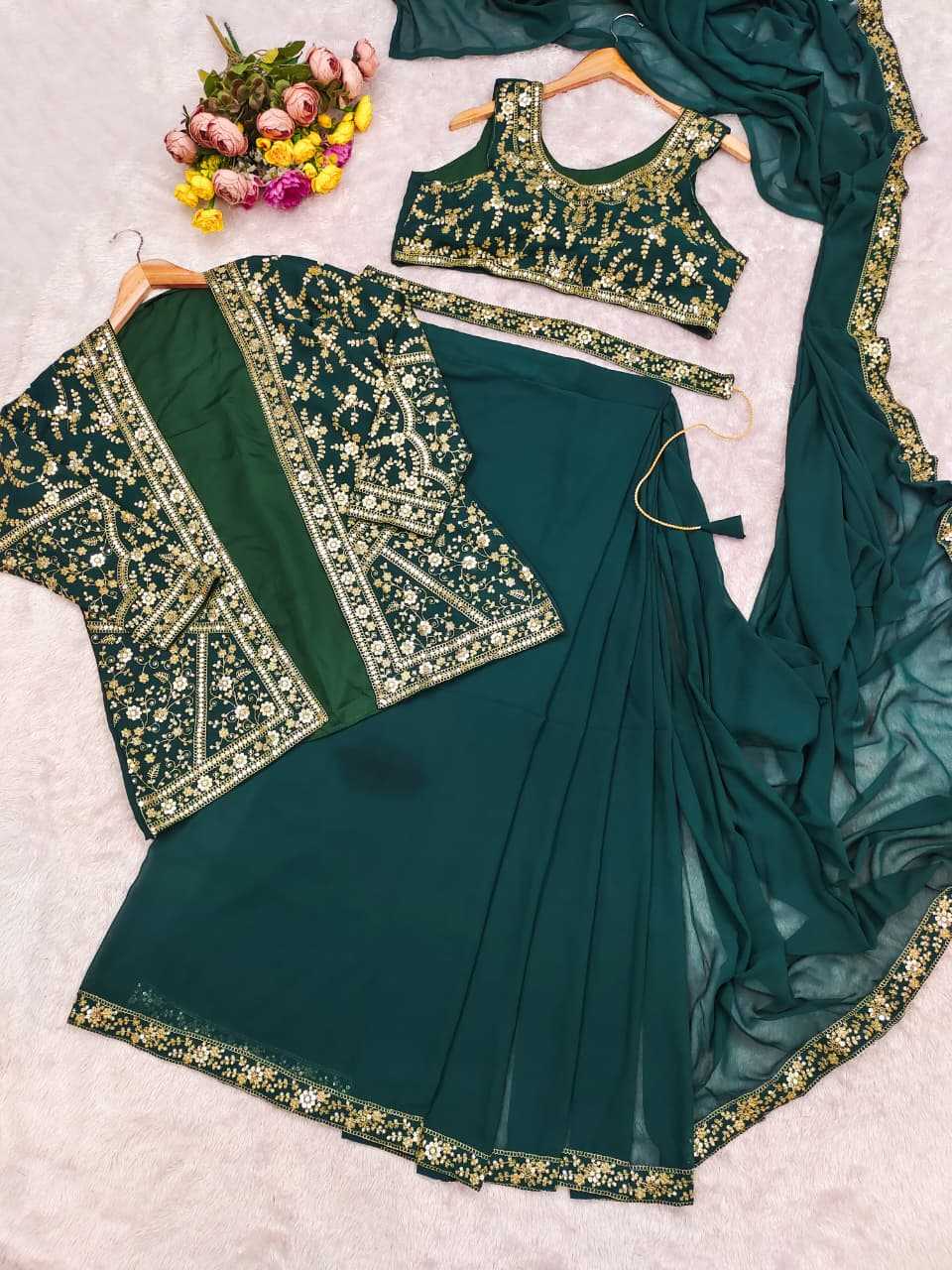 Faux Georgette Ready To Wear Saree in Rama