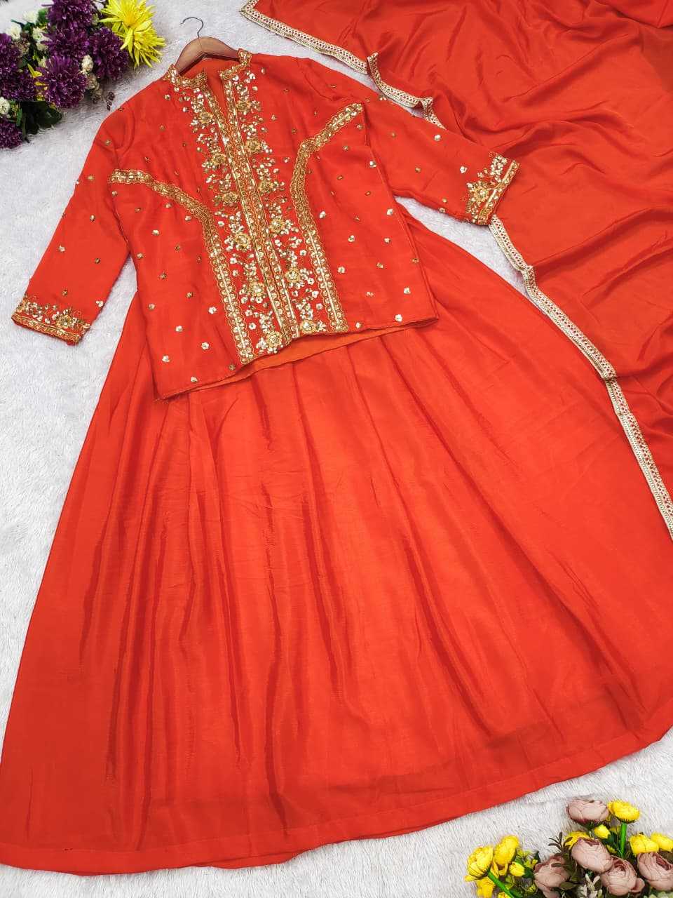 Chinon Silk Embroidery Suit in Blue