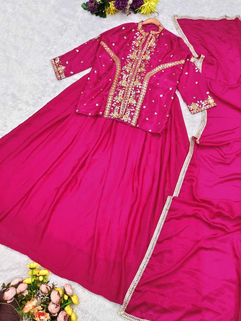 Chinon Silk Embroidery Suit in Blue