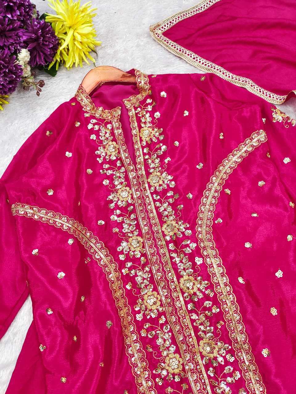 Chinon Silk Embroidery Suit in Blue
