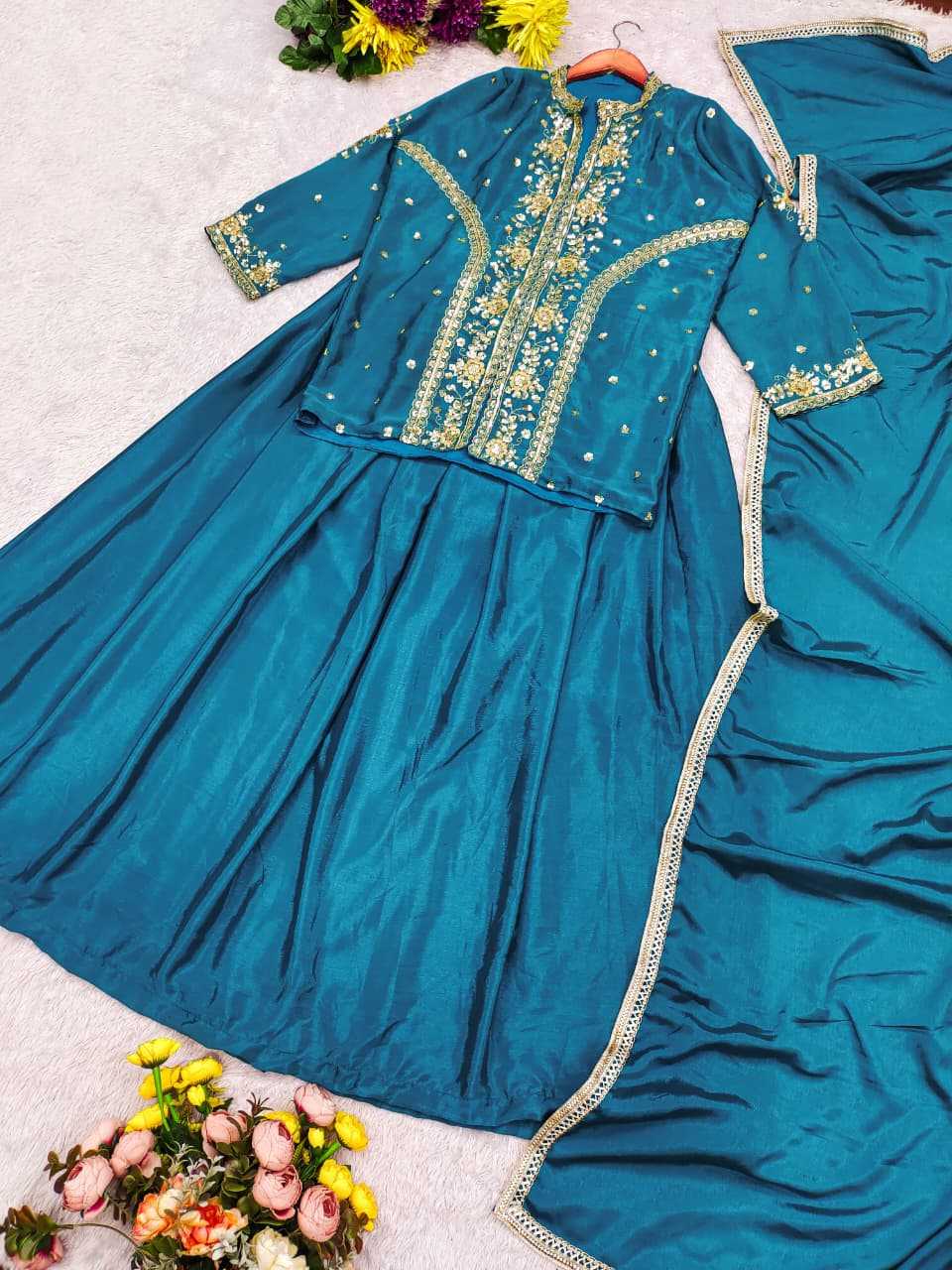 Chinon Silk Embroidery Suit in Blue